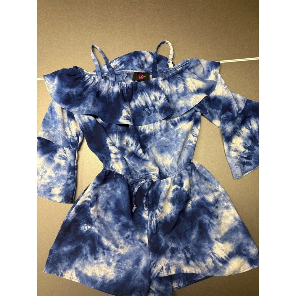 IZ Girl Blue Tie Dye Cold Shoulder Romper Bell Sleeve Girls Size M 10-12